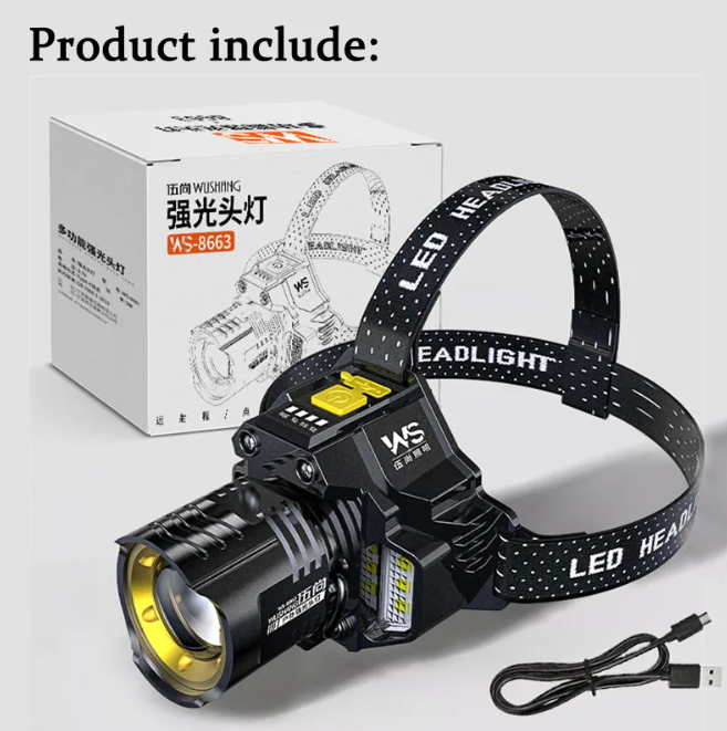 Pack complet lampe frontale tactique avec câble USB