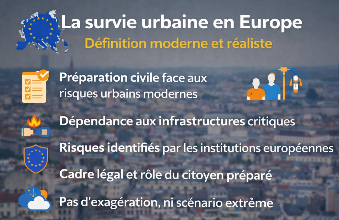 Infographie sur la survie urbaine en Europe avec liste de conseils et icônes, fond de ville