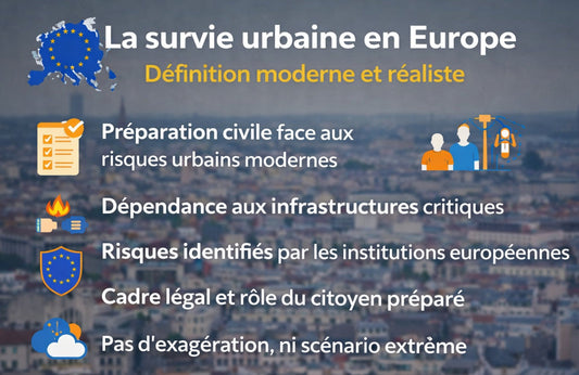Infographie sur la survie urbaine en Europe avec liste de conseils et icônes, fond de ville