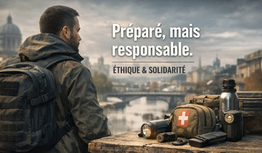Homme équipé d'un sac à dos et kit de survie urbain, vue sur la ville, matériel tactique.