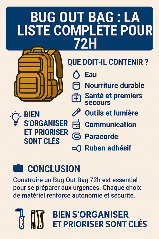 Infographie liste survie Bug Out Bag 72h avec sac, conseils et essentiels: eau, nourriture, premiers secours.