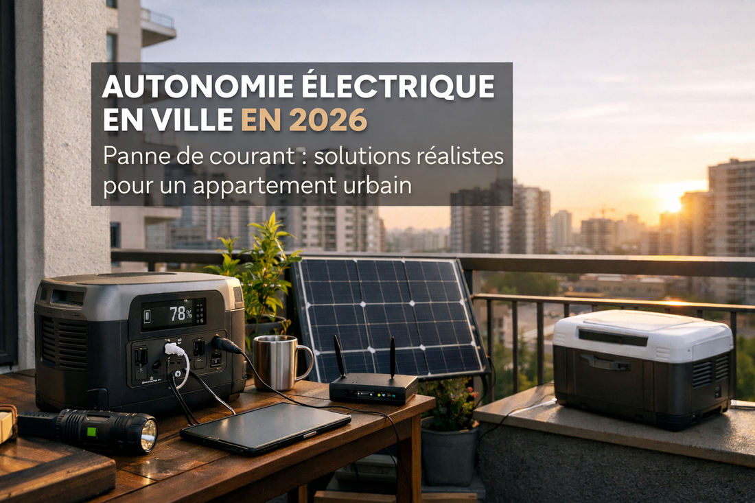 Solution d'autonomie électrique urbaine 2026 : batterie nomade et panneau solaire installés sur un balcon en ville pour prévenir les pannes de courant