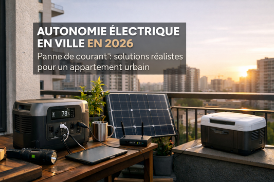 Solution d'autonomie électrique urbaine 2026 : batterie nomade et panneau solaire installés sur un balcon en ville pour prévenir les pannes de courant