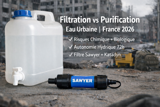 Filtre Sawyer de survie et jerricane d'eau en zone urbaine dégradée, équipement filtration
