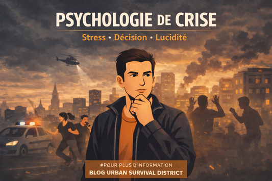 Illustration d'homme pensif en ville durant une crise de survie avec fumée, foule et hélicoptère.