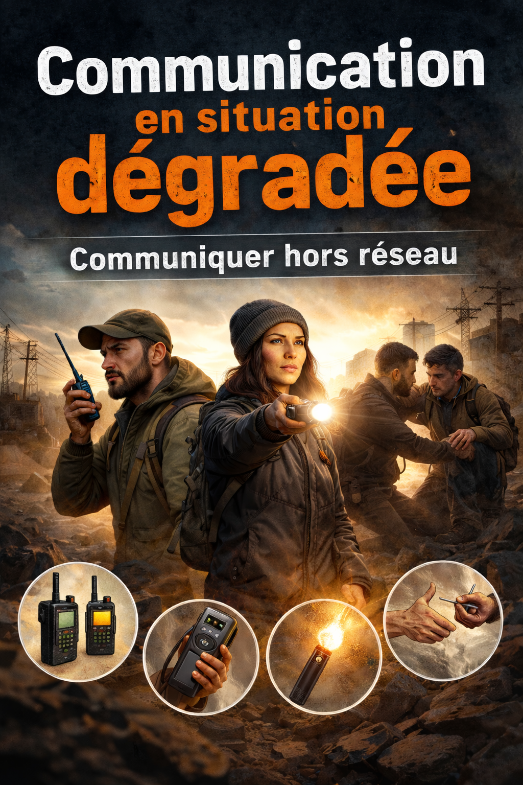 Groupe en survie utilisant talkie-walkie, lampe torche et équipements de communication hors réseau