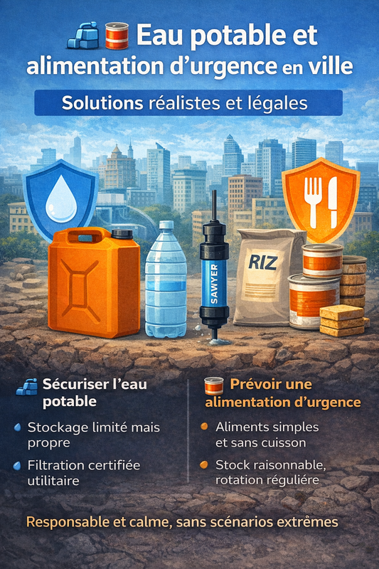 Kit de survie urbaine avec bidon d’eau, filtre, aliments d’urgence et skyline en arrière-plan