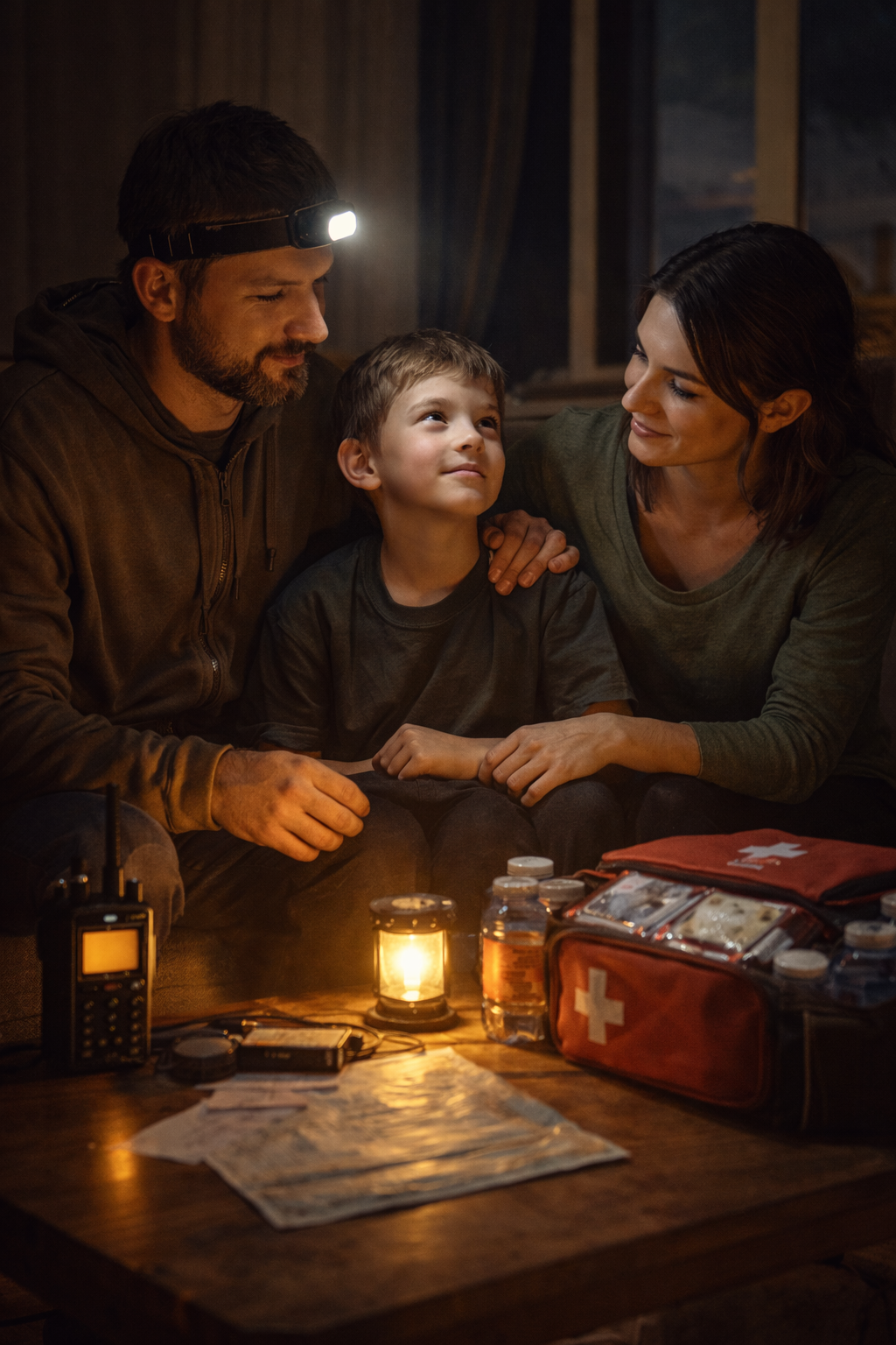 Famille préparant un kit de survie dans un salon faiblement éclairé, matériel d'urgence visible.