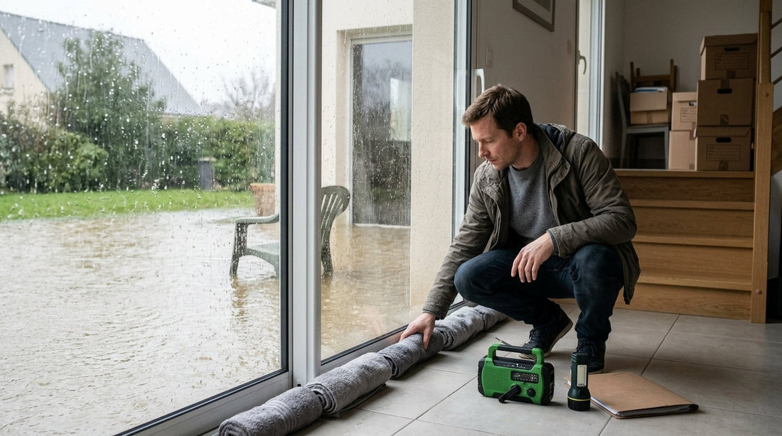 Un homme calfeutre calmement le bas d'une porte-fenêtre pendant que l'eau monte dans le jardin, radio et lampe posées à côté
