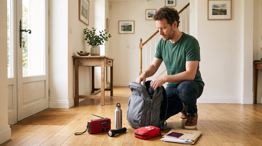 Un homme prépare calmement un sac d'évacuation contenant radio, lampe, eau et documents, devant une porte ouverte sur un ciel d'été voilé