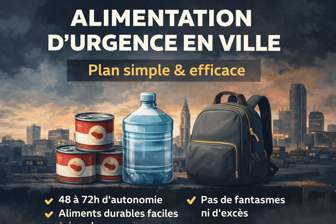 Kit de survie urbain avec sacs, conserves et eau, adapté aux situations d'urgence en ville