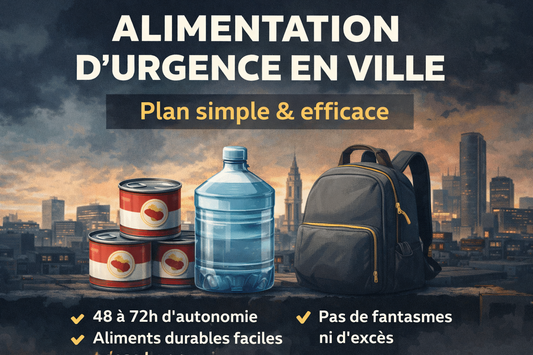 Kit de survie urbain avec sacs, conserves et eau, adapté aux situations d'urgence en ville