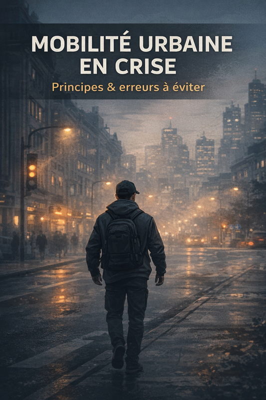 Homme avec sac à dos marchant en ville au crépuscule, ambiance survie urbaine en crise.