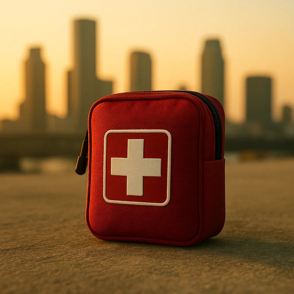 Trousse de survie urbaine rouge avec croix blanche, posée en ville au coucher de soleil