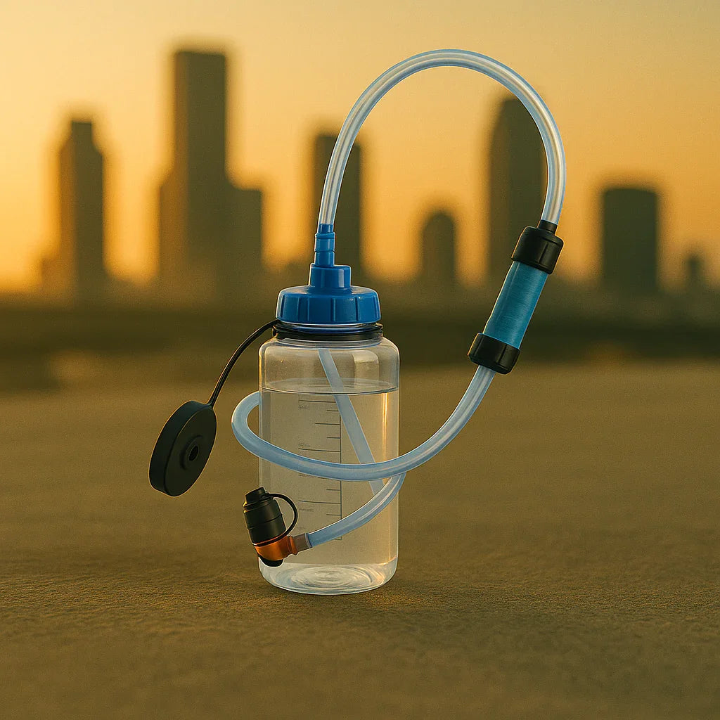 Gourde de survie avec filtre à eau portable, posée en extérieur au coucher du soleil urbain.