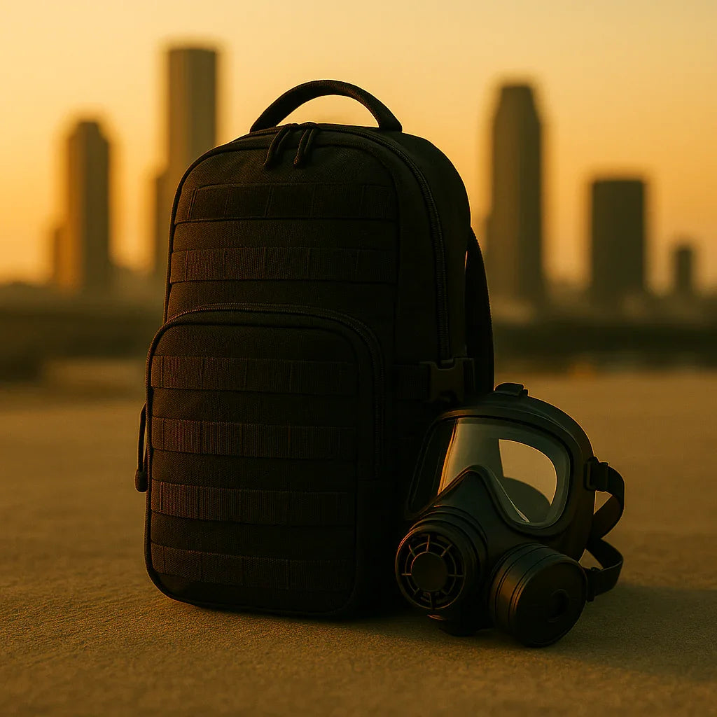 Sac à dos tactique de survie et masque à gaz sur fond urbain au coucher du soleil