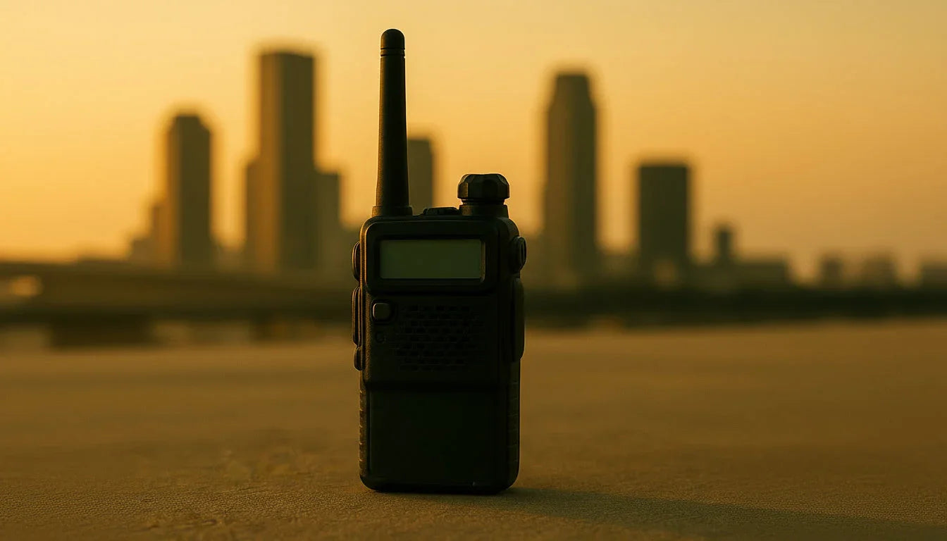 Talkie-walkie de survie noir en extérieur urbain au coucher du soleil