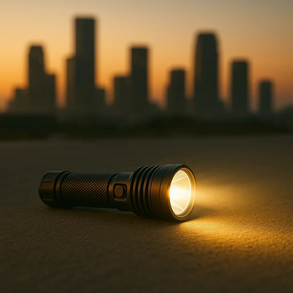 Lampe torche de survie allumée, posée sur sol urbain au crépuscule, équipement essentiel