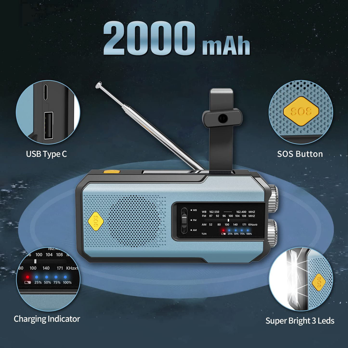 Radio de survie portable avec batterie 2000mAh - Détails techniques