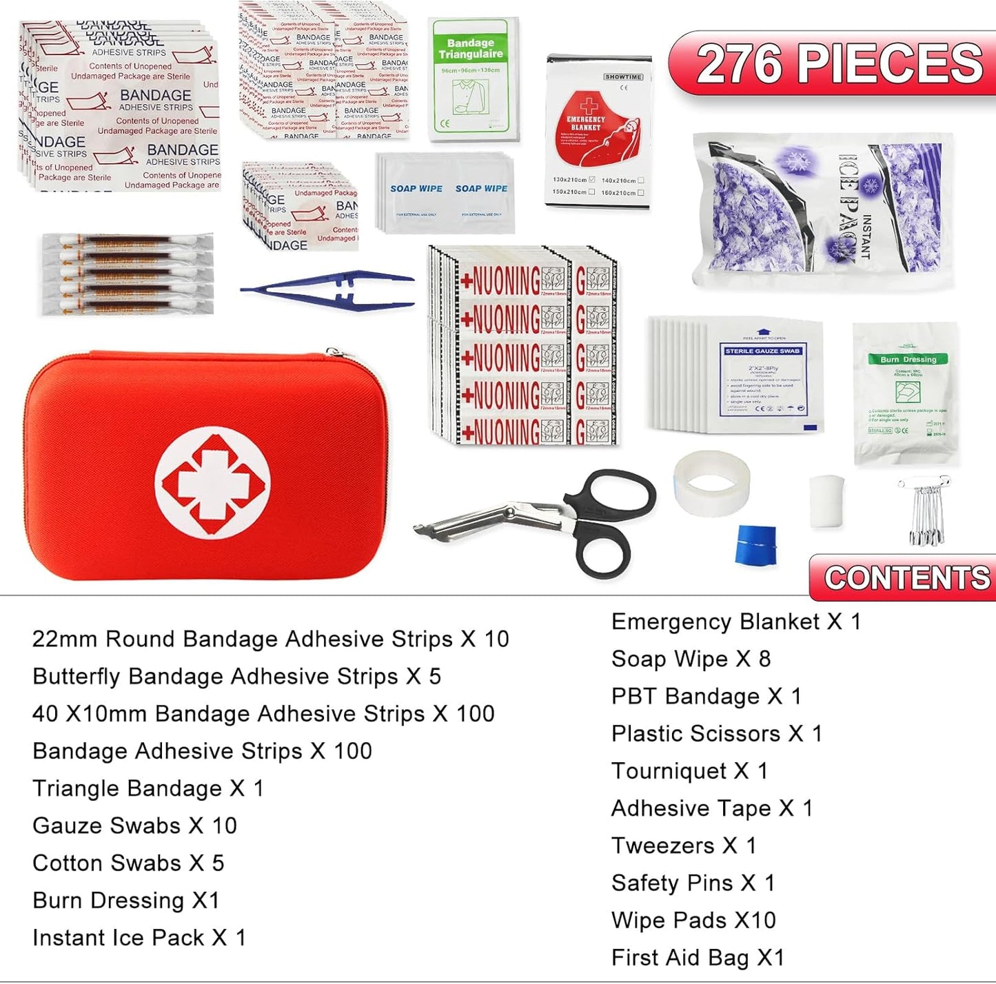 Contenu complet kit secours 276 pièces bandages compresses ciseaux