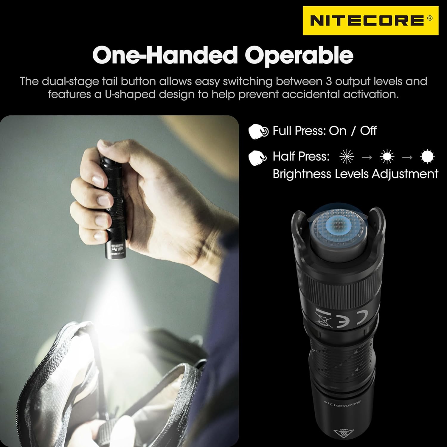 Dimensions ultra-compactes lampe Nitecore MT1A Pro 32g 9,3cm pour EDC survie bushcraft