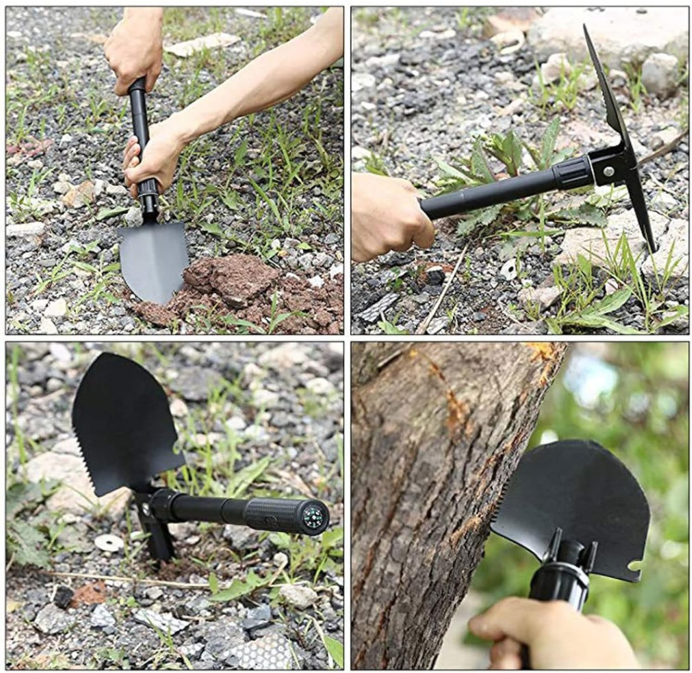 Mini Pelle Multifonctionnelle Pliable 4 en 1 – Camping, Survie & Véhicule – Acier Inoxydable + Étui Camouflage
