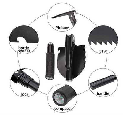 Mini Pelle Multifonctionnelle Pliable 4 en 1 – Camping, Survie & Véhicule – Acier Inoxydable + Étui Camouflage