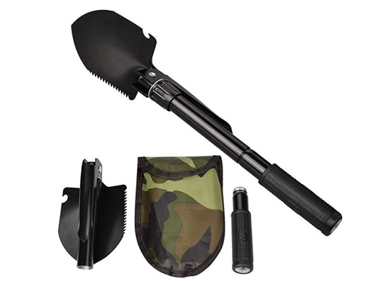 Mini Pelle Multifonctionnelle Pliable 4 en 1 – Camping, Survie & Véhicule – Acier Inoxydable + Étui Camouflage