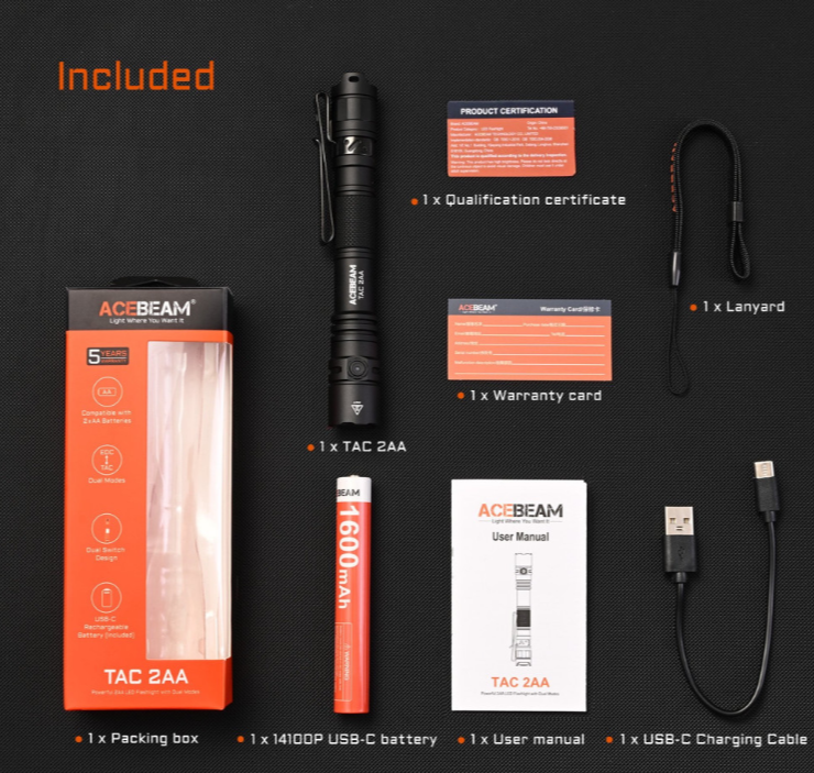 ACEBEAM TAC 2AA – Lampe de Poche Tactique EDC 1600 Lumens | USB-C Rechargeable